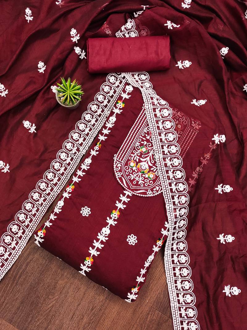 maroon cotton embroidered dress material