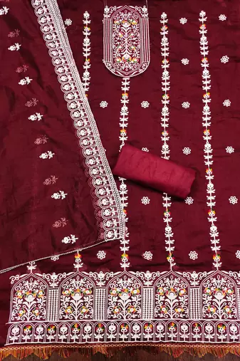 maroon cotton embroidered dress material