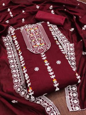 maroon cotton embroidered dress material 4