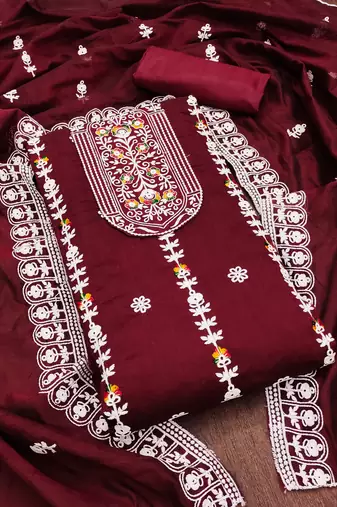 maroon cotton embroidered dress material