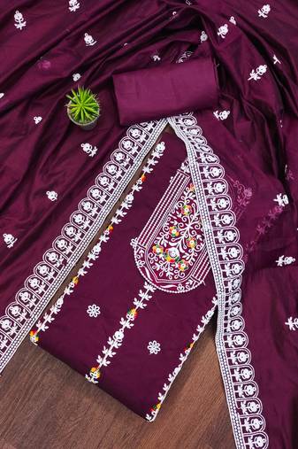 purple cotton embroidered dress material