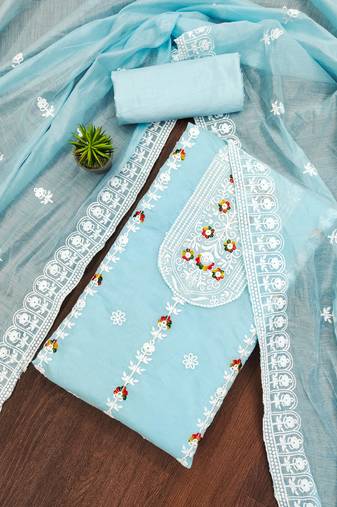sky blue cotton embroidered dress material