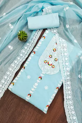 sky blue cotton embroidered dress material