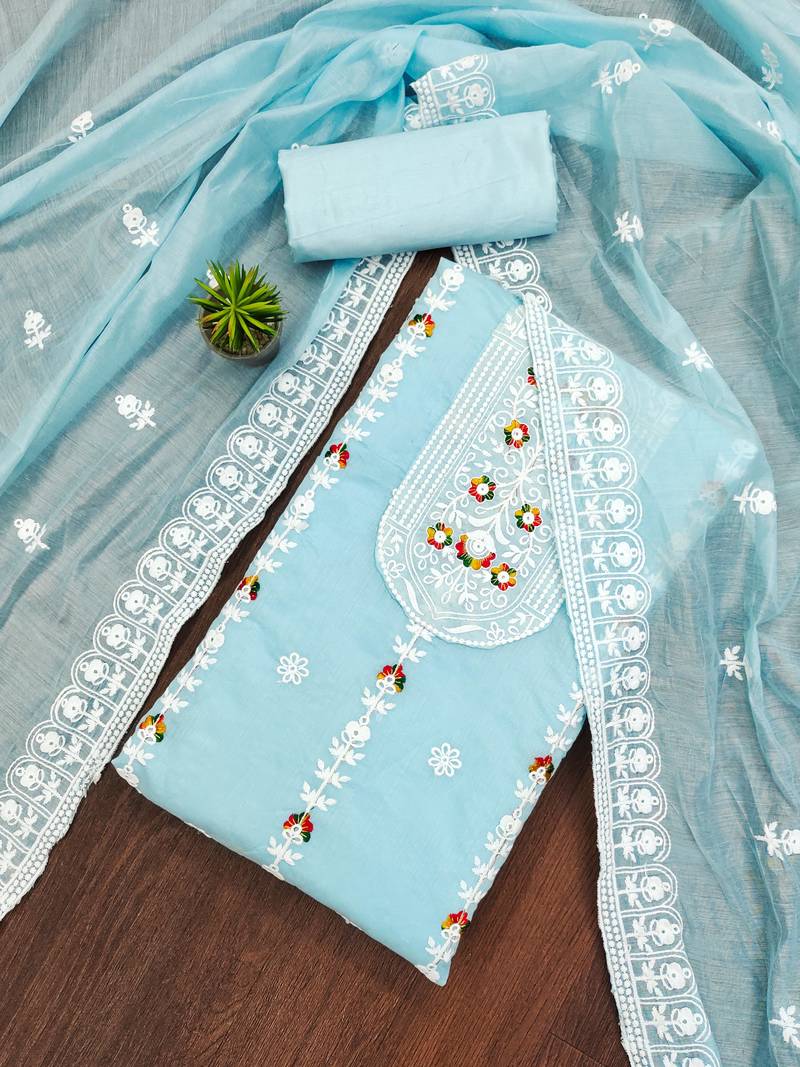 sky blue cotton embroidered dress material
