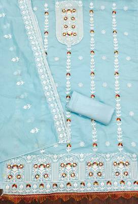 sky blue cotton embroidered dress material 2