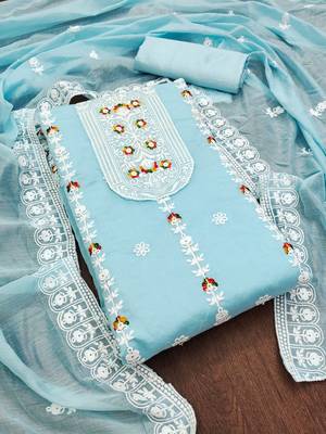 sky blue cotton embroidered dress material 4