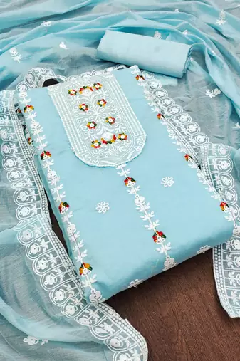 sky blue cotton embroidered dress material