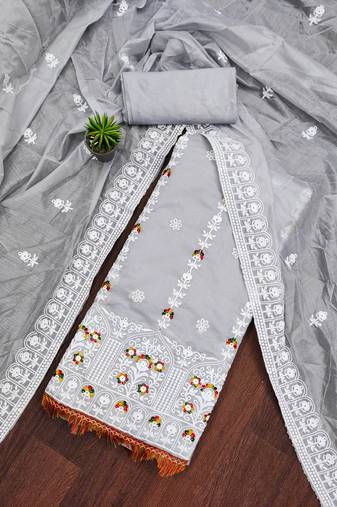 grey cotton embroidered dress material