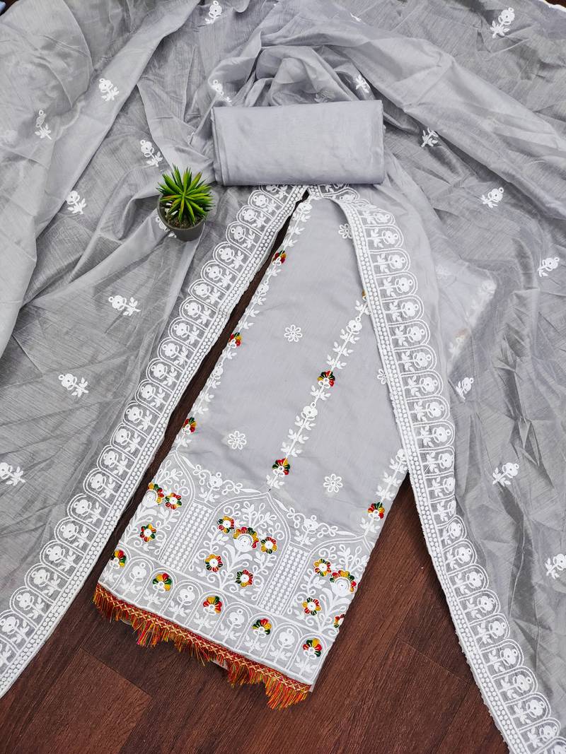 grey cotton embroidered dress material