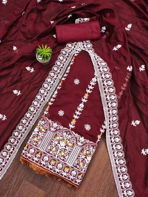 maroon cotton embroidered dress material 1