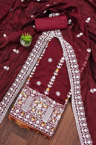 maroon cotton embroidered dress material