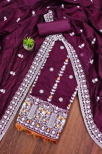 purple cotton embroidered dress material