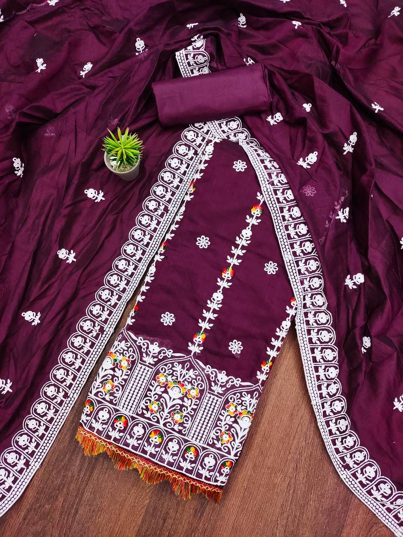 purple cotton embroidered dress material