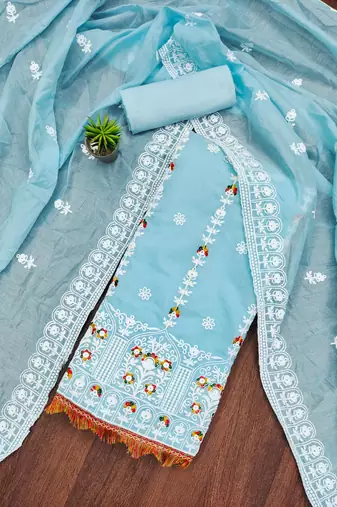 sky blue cotton embroidered dress material