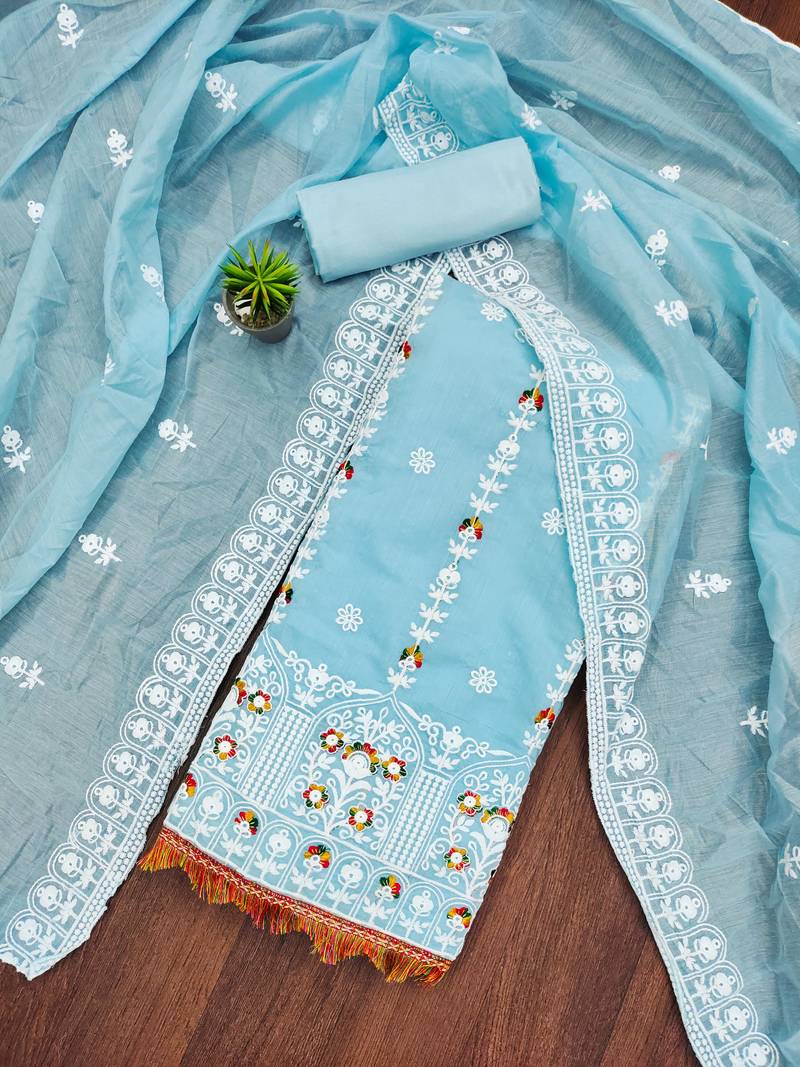 sky blue cotton embroidered dress material