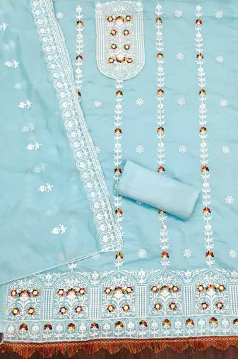sky blue cotton embroidered dress material