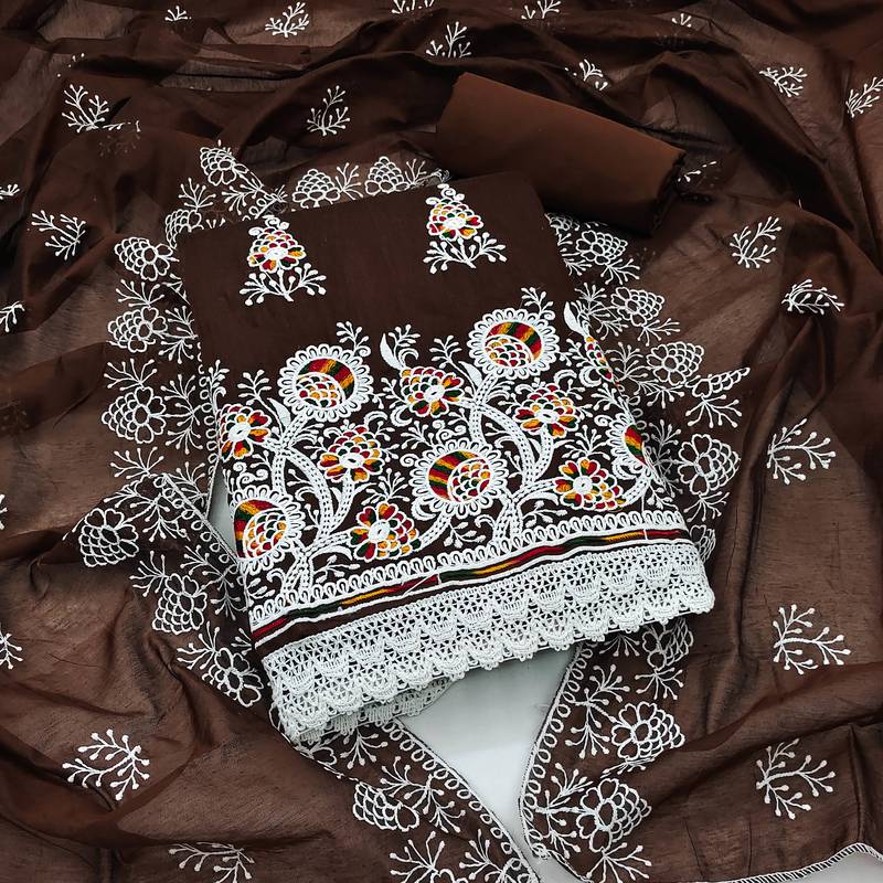coffee cotton embroidered dress material