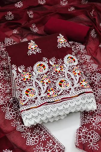 maroon cotton embroidered dress material