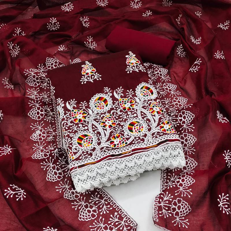 maroon cotton embroidered dress material