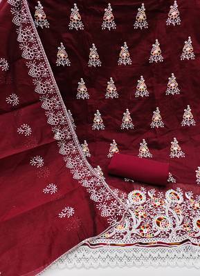 maroon cotton embroidered dress material 2