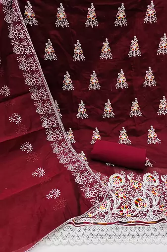 maroon cotton embroidered dress material