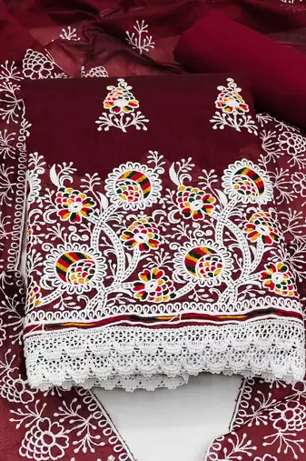 maroon cotton embroidered dress material