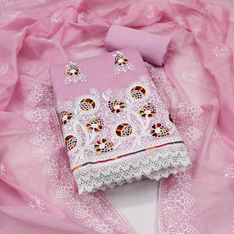 pink cotton embroidered dress material