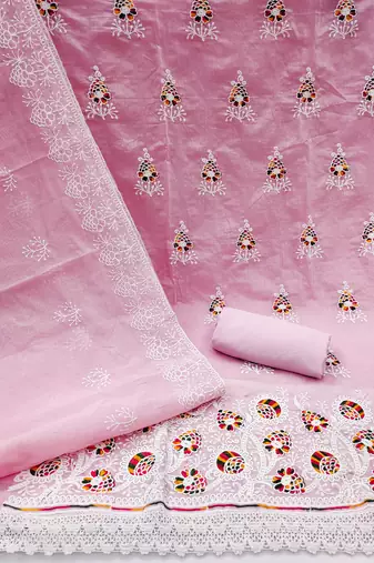 pink cotton embroidered dress material