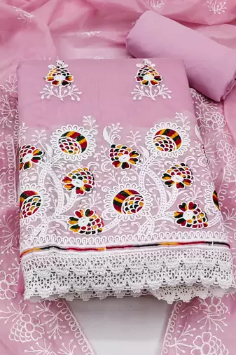 pink cotton embroidered dress material