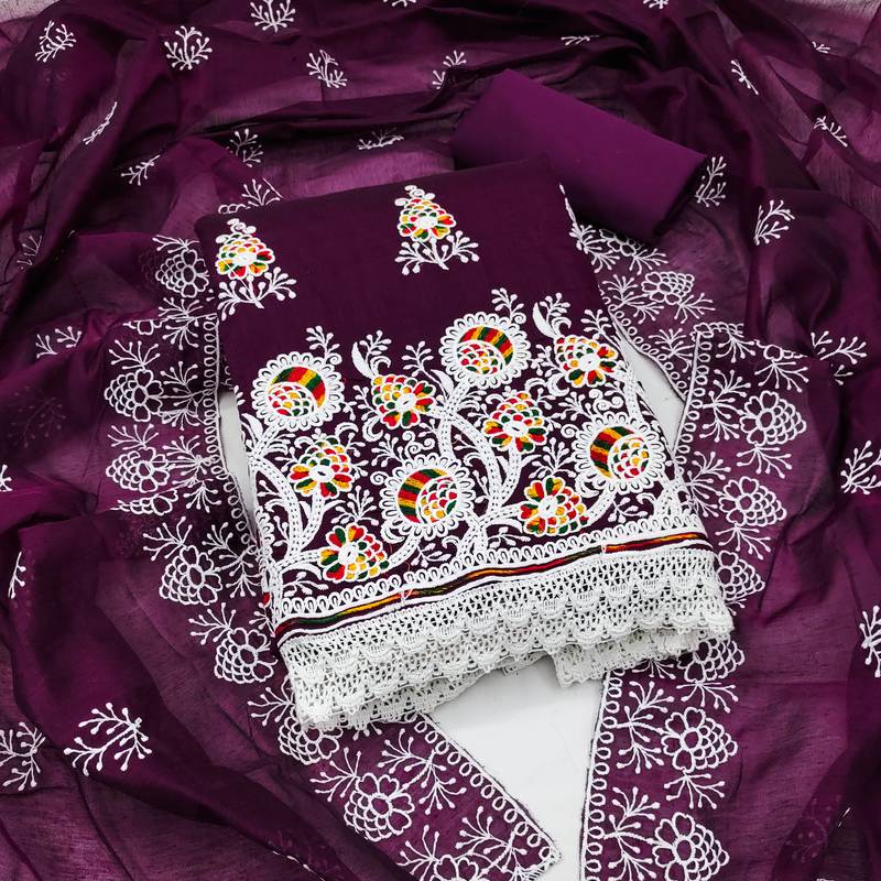 purple cotton embroidered dress material