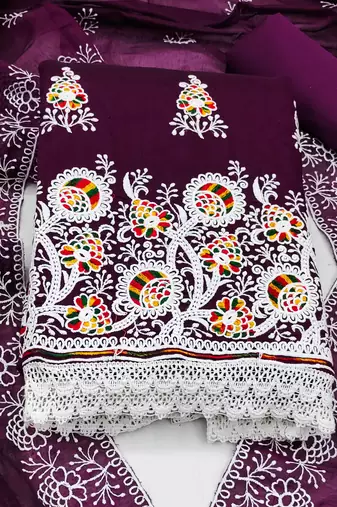 purple cotton embroidered dress material