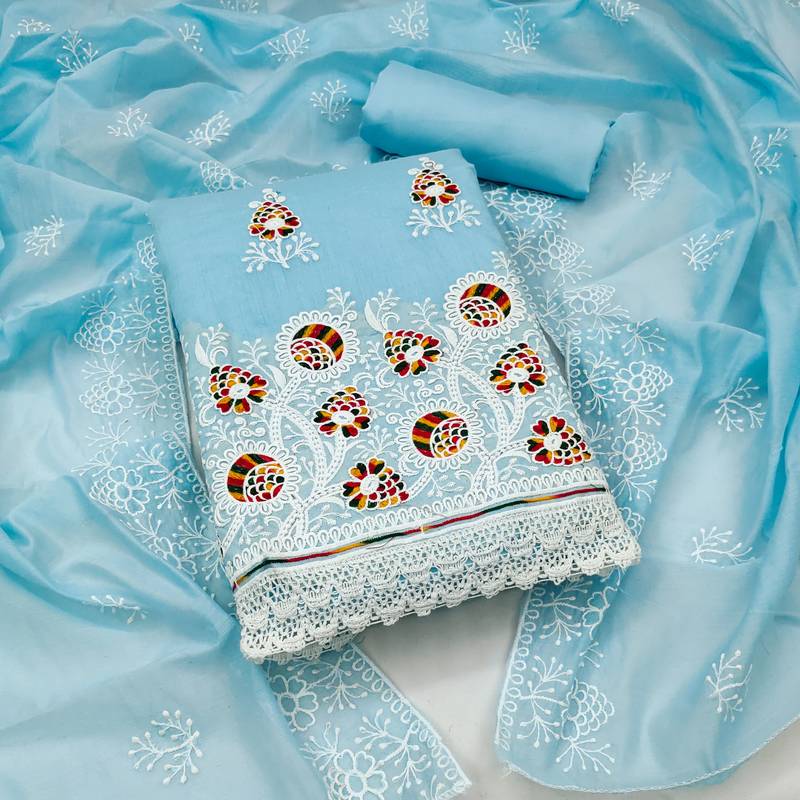sky blue cotton embroidered dress material