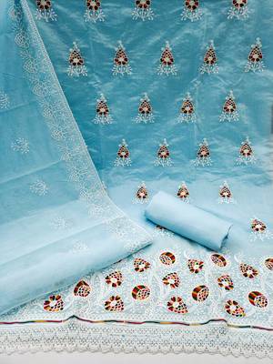 sky blue cotton embroidered dress material 2