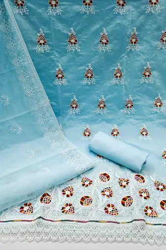 sky blue cotton embroidered dress material