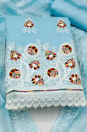 sky blue cotton embroidered dress material
