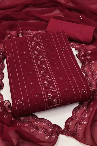 red georgette sequins dress material