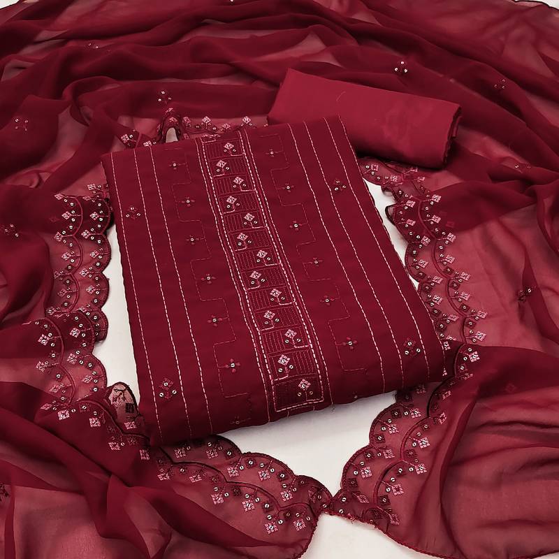 red georgette sequins dress material