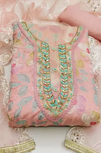 peach organza embroidered dress material