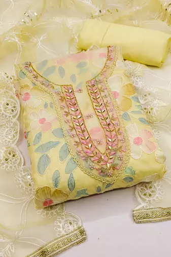 yellow organza embroidered dress material