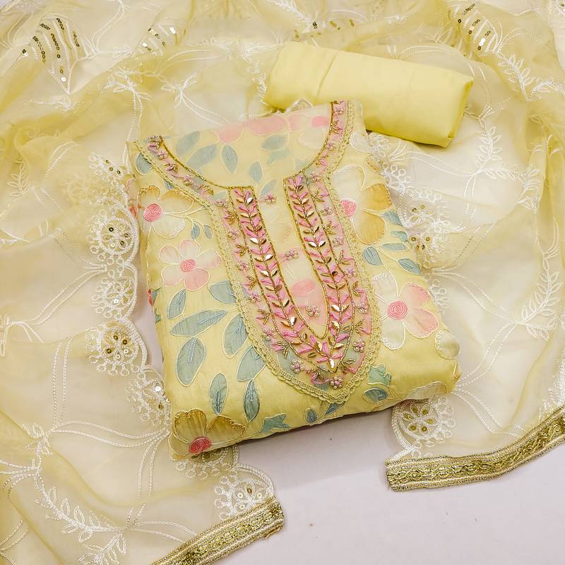 yellow organza embroidered dress material