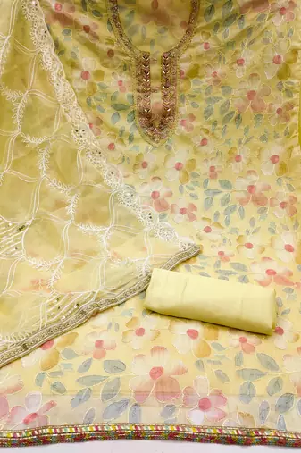 yellow organza embroidered dress material
