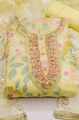 yellow organza embroidered dress material
