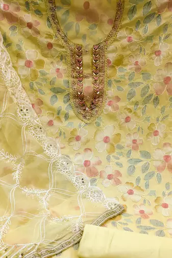 yellow organza embroidered dress material