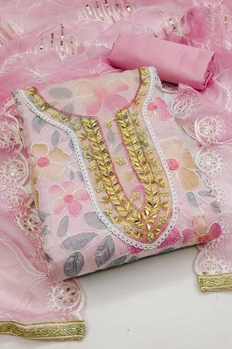 pink organza embroidered dress material