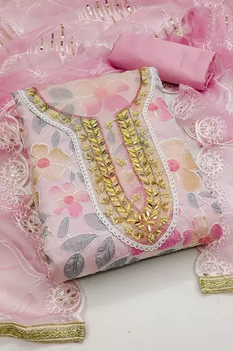 pink organza embroidered dress material