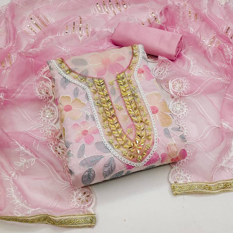 pink organza embroidered dress material