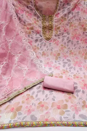 pink organza embroidered dress material