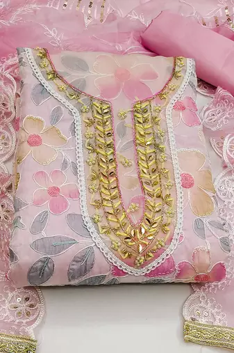 pink organza embroidered dress material
