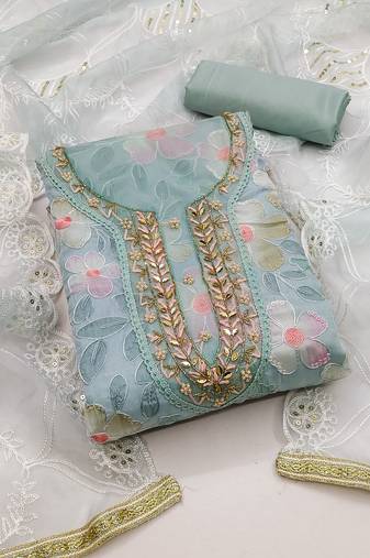 sea green organza embroidered dress material