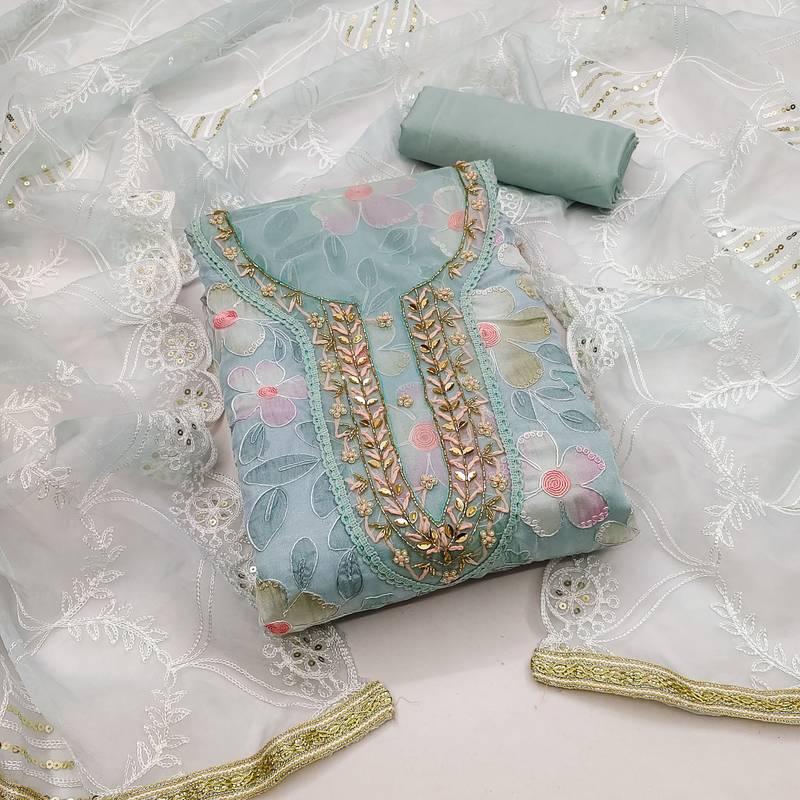 sea green organza embroidered dress material